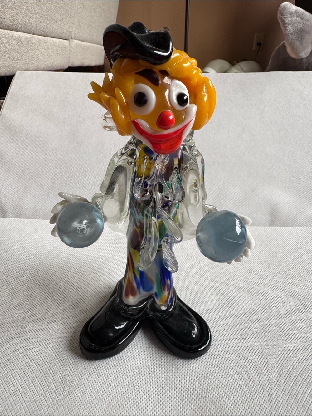 Murano Multicolor Clown Figurine with Yellow Hair and Black Hat